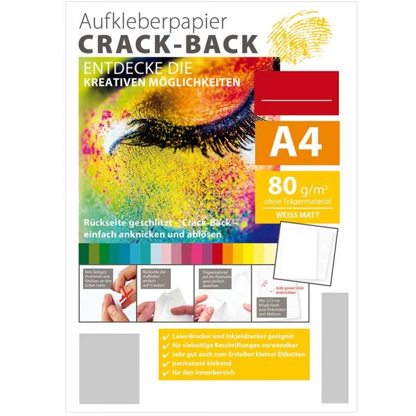 Crack-Back Aufkleber selbstklebend A4 (250 Blatt) weiß matt, Rückseite geschlitzt zum Einfachen ablösen, für Laserdrucker und Inkjetdrucker geeignet