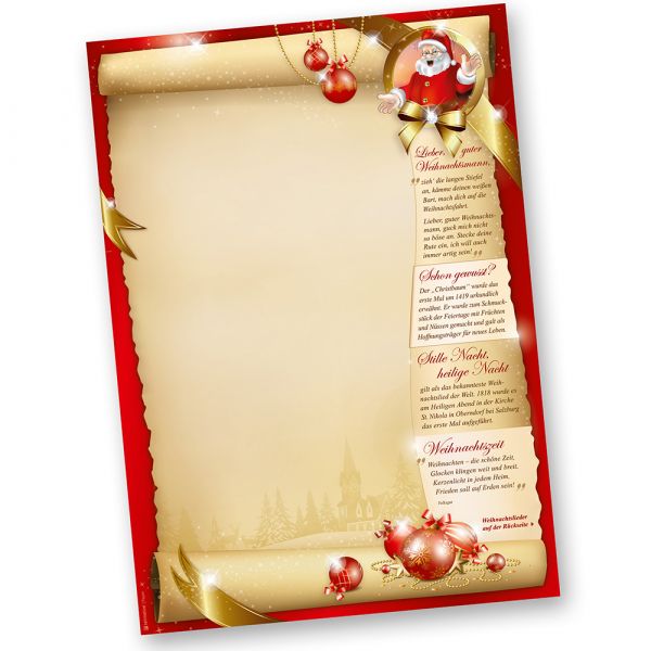 Weihnachtsbriefpapier SANTA CLAUS beidseitig (100 Blatt) Briefpapier mit Weihnachtsliedern auf der Rückseite für Weihnachten