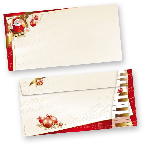 Briefumschläge Weihnachten Musik (50 Stück ohne Fenster) wunderschöne Umschläge mit musikalischem Weihnachtsmann und Noten (auch passendes Briefpapier erhältlich)