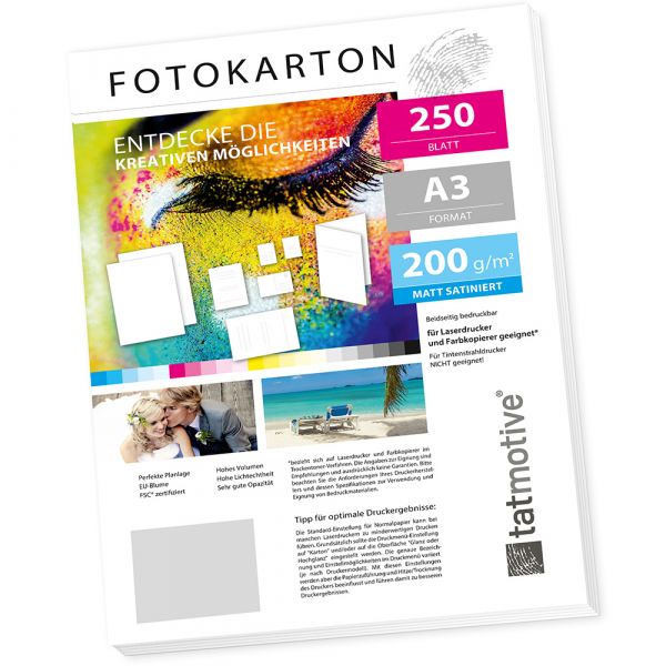 TATMOTIVE Fotokarton Fotopapier DIN A3 200g MATT weiß | für Laserdrucker | Beidseitig bedruckbar | 250 Blatt