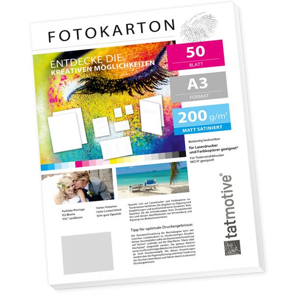 TATMOTIVE Fotokarton Fotopapier DIN A3 200g MATT weiß | für Laserdrucker | Beidseitig bedruckbar | 50 Blatt