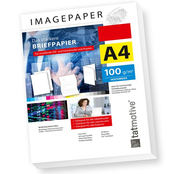 TATMOTIVE Imagepaper 100g/qm DIN A4, das stärkere Briefpapier, brillante Drucke für alle Drucker, 500 Blatt Kopierpapier Druckerpapier weiß