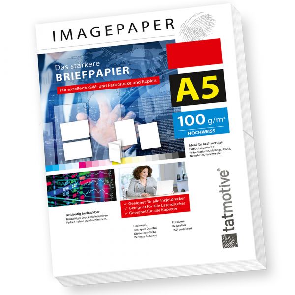 TATMOTIVE Imagepaper 100g/qm DIN A5, das stärkere Briefpapier, brillante Drucke für alle Drucker, 1000 Blatt Kopierpapier Druckerpapier weiß
