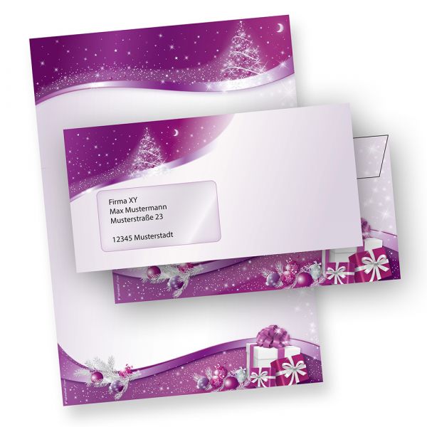 Weihnachtspapier lila Sternenzauber (250 Sets mit Fenster) Briefpapier Weihnachten mit Umschläge