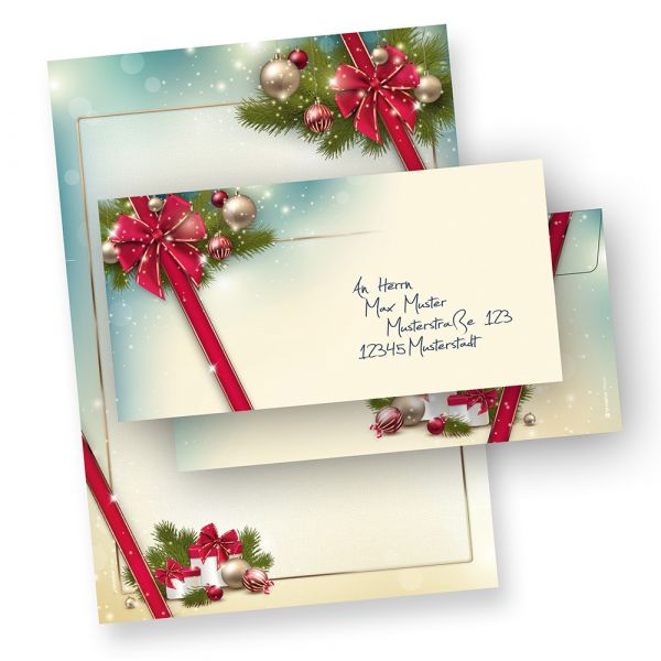Briefpapier Weihnachten Set ROTE SCHLEIFE (10 Sets ohne Fenster) Weihnachtsbriefpapier mit Umschlag