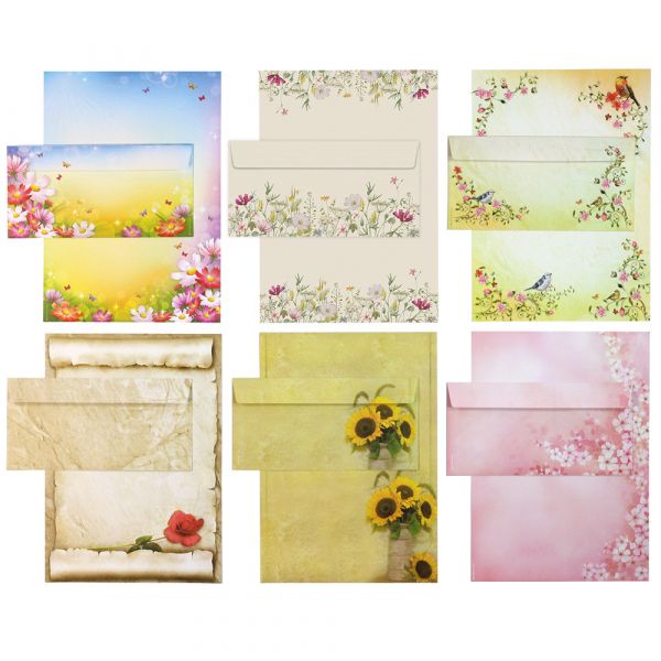 Briefpapier Set - Mix Blumen - 6 verschiedene Motive je 5 Briefpapiere und je 5 passende Briefumschläge