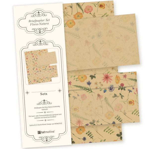 Flora Natura Briefpapier mit Umschlag Set Vintage Blumen 250 Sets DIN A4 beidseitig floral Natur nachhaltig für Frauen Erwachsene Brief Set