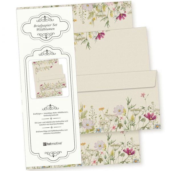 Wildblumen Briefpapier mit Umschlag Set 25 Sets Papier DIN A4 beidseitig floral Natur nachhaltig für Frauen Erwachsene Brief Set