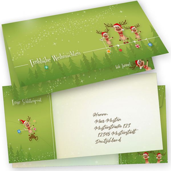LUSTIGE RENTIERE Weihnachtskarten mit Umschlag Set 15er SET Klappkarten DIN lang grün lustig
