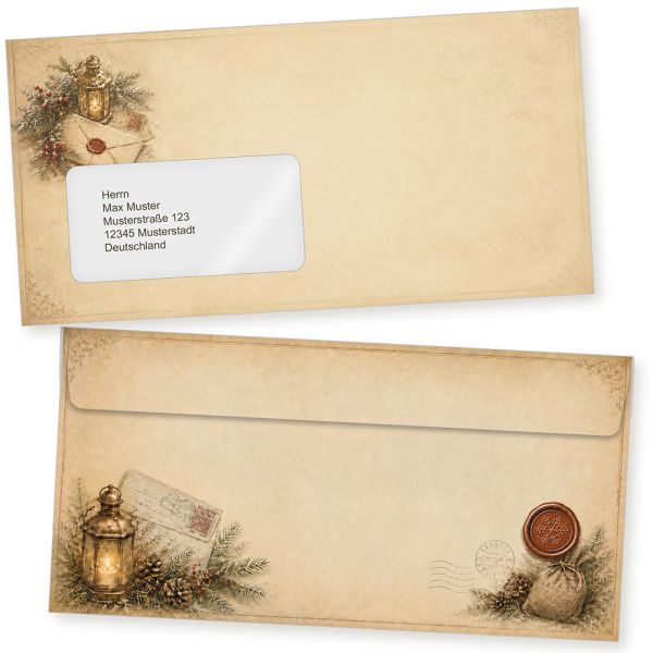 Natalis Antique 1000 Umschläge Weihnachten DIN lang mit Fensterhaftklebend, Briefumschläge mit Haftklebestreifen mit Vintage Motive beidseitig bedruckt
