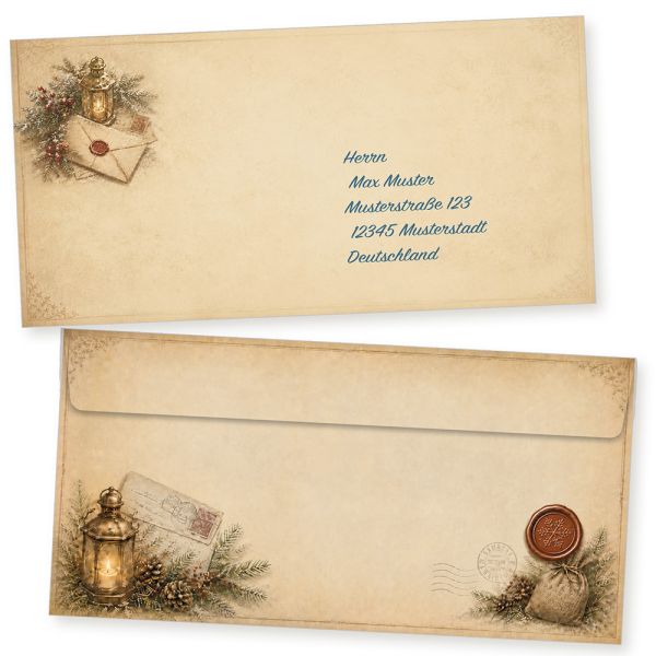 Natalis Antique 100 Umschläge Weihnachten DIN lang ohne Fensterhaftklebend, Briefumschläge mit Haftklebestreifen mit Vintage Motive beidseitig bedruckt