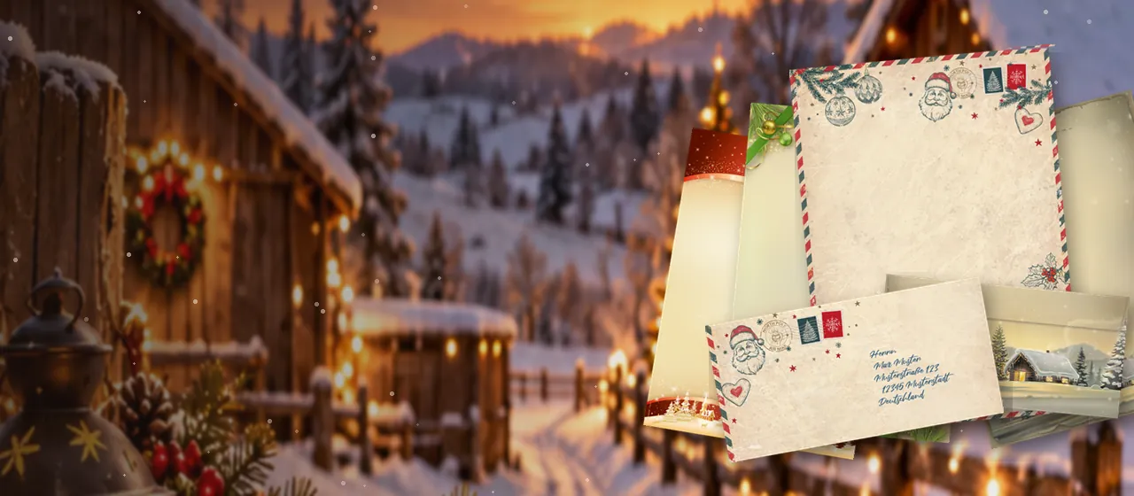 Original TATMOTIVE Weihnachtsbriefpapier und passende Umschläge: Air Mail, Noël, Glöcknerhütte und Rot-Goldene Weihnachten