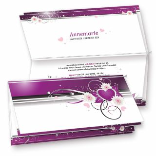 Einladung Geburtstag Herzen (10 Sets) 10 Einladungskarten Set + 10 Briefumschläge lila weiß