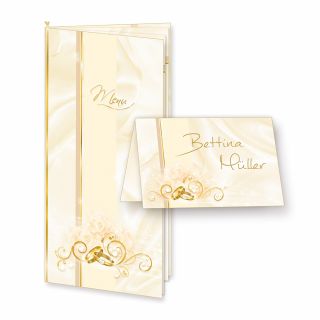 Menükarten Hochzeit PERLMUTT (4 inkl. 16 Tischkarten) - hinreissendes Set mit Klappkarten, Einlegeblätter zum Selbstbedrucken + Goldbänder und inkl. passender Tischkärtchen zum selbst Beschriften