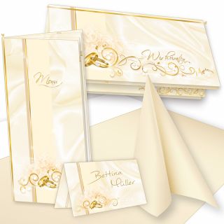 Einladung+Tischdeko Set Hochzeit (16 Gäste) Komplett-Set creme für Hochzeit - fein abgstimmt mit Einladungskarten, Menükarten, Tischkarten, Servietten etc.