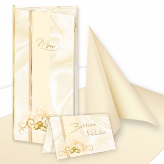 Tischdeko Set Hochzeit (16 Gäste) Komplett-Set creme für Hochzeit - fein abgstimmt mit Menükarten, Tischkarten, Tischläufer, Servietten etc.