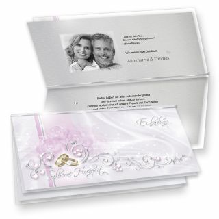 Einladung Silberne Hochzeit (10 Sets) hinreissend - fein abgestimmte Einladungskarten in Silberoptik. Set mit Karten, Umschläge, Einlegeblätter zum Selbstbedrucken + Silberbändchen - sehr elegant!