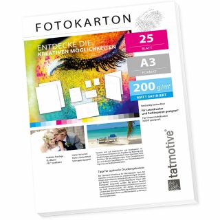 TATMOTIVE FA3200M25 Fotokarton Fotopapier DIN A3 200g matt weiß / Laserdrucker / Beidseitig bedruckbar / 25 Blatt