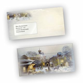 Winter-Aquarell 50 Stück  Weihnachtsumschläge Din lang mit Fenster Umschläge Weihnachten selbstklebend