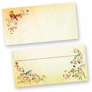 TOSKANA Briefumschläge Blumen  (50 Stück) DIN lang Umschläge mit Vögel selbstklebend mit Haftklebestreifen