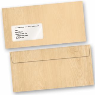 Briefumschläge MADEIRA Holz-Optik Braun (50 Stück m.F.) DIN lang MIT Fenster Haftklebend Holzmaserung Holzmuster
