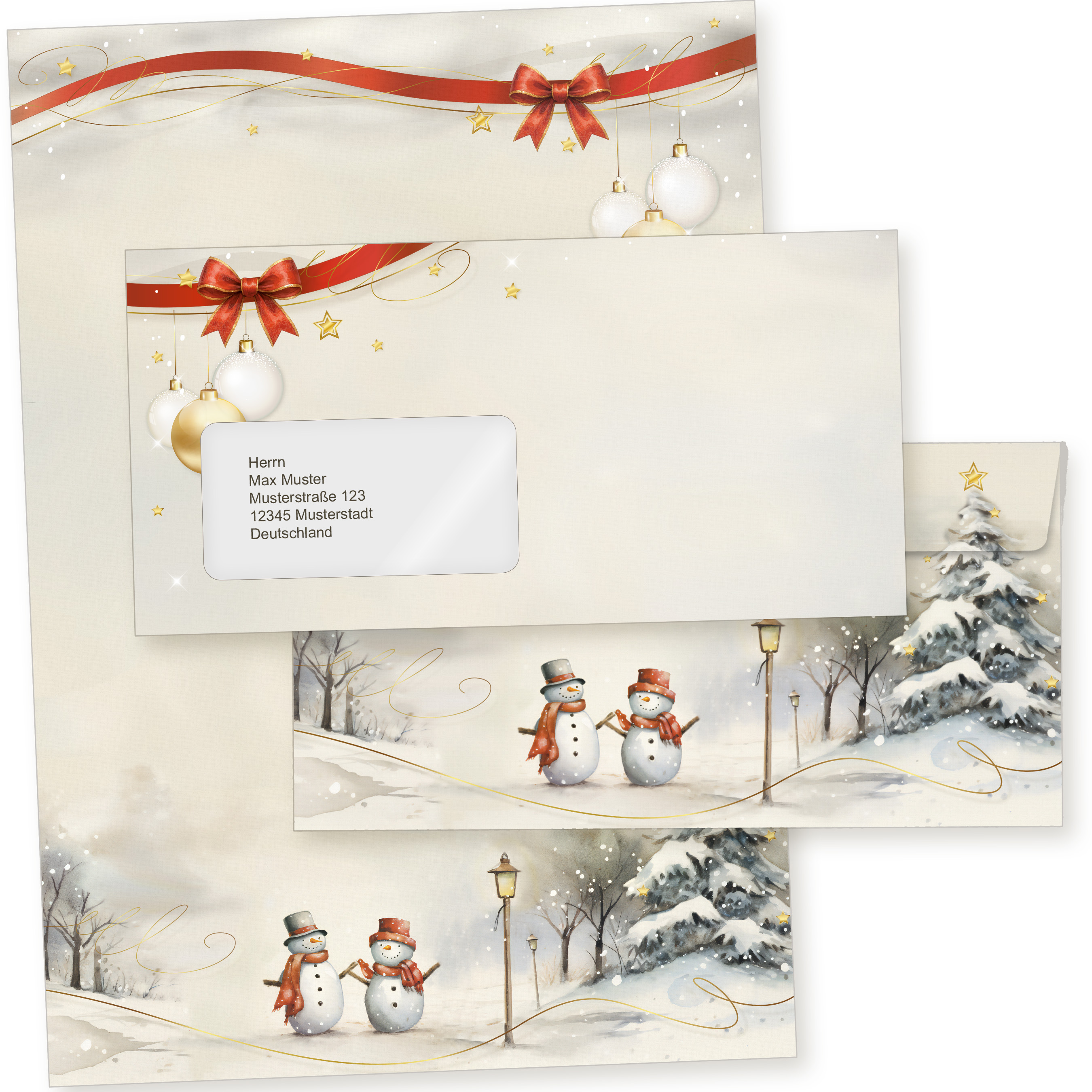 Snöfest 10 Sets Weihnachtsbriefpapier mit Fensterumschlag, Briefpapier Weihnachten A4  mit Umschlag mit Fenster