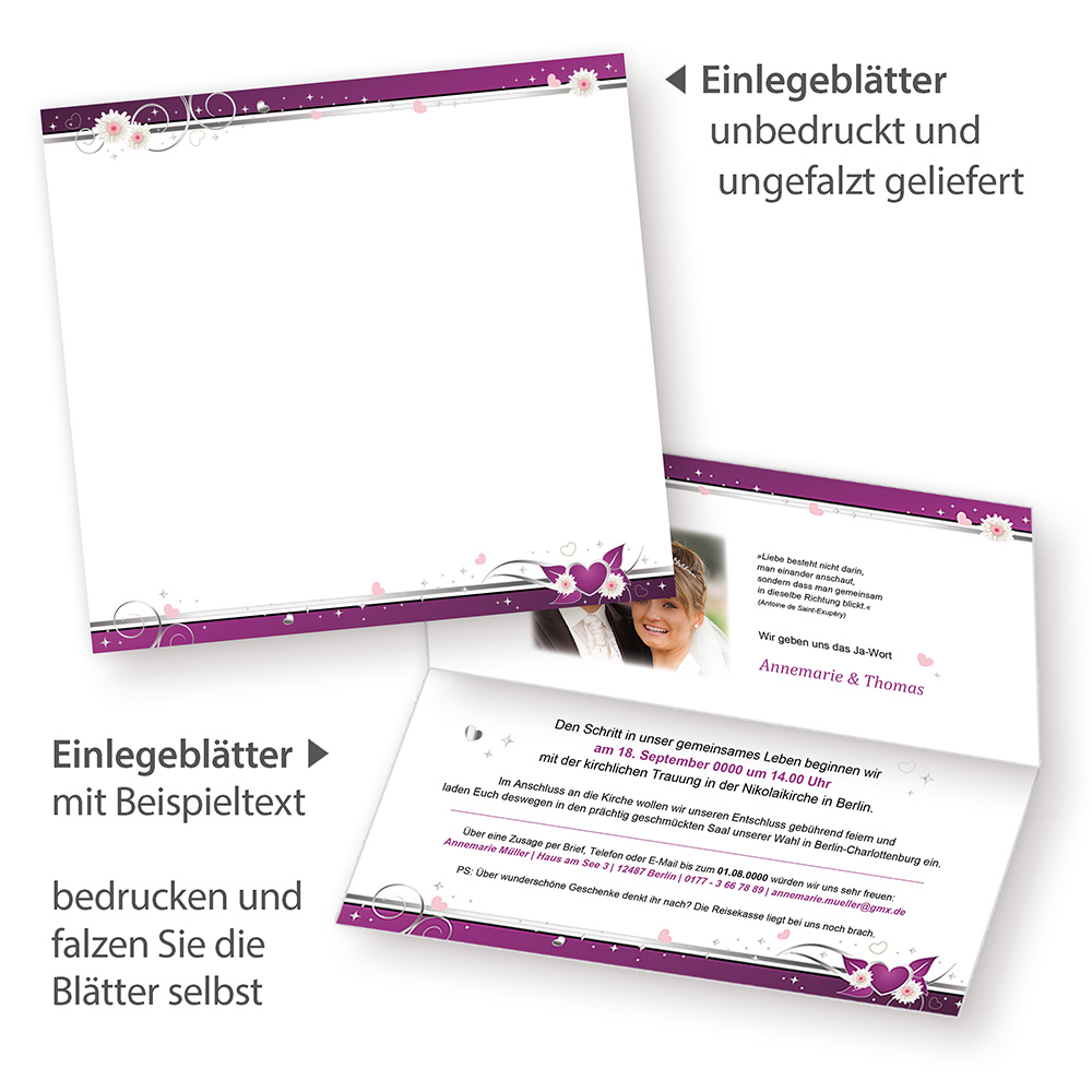 Hochzeitskarten 40 Sets Inkl Kuverts Selbst Bedruckbar Set Lila Weiss Mit 40 Karten 40 Umschlage 40 Einlegeblatter Silberbandchen Sehr Elegant Tatmotive De Briefpapier Alle