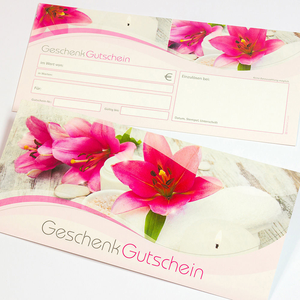 Blumen-682 100 Geschenkgutscheine Lilien rosa Gutscheine Wellness Entspannung 