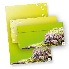 Motivpapier Frühling grün (25 Sets inkl. Kuverts) Briefpapier Set mit wunderschön bedrucktem A4 Schreibpapier