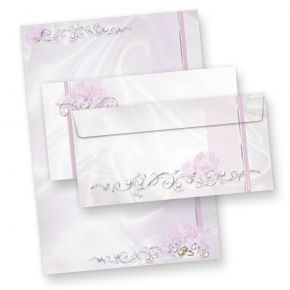 Briefpapier Hochzeit silbergrau (25 Sets inkl. Kuverts) beidseitig bedrucktes A4 Schreibpapier inkl. Kuverts, mit Eheringen und Ranken für hinreissend schöne Hochzeitspost, vielseitig verwendbar